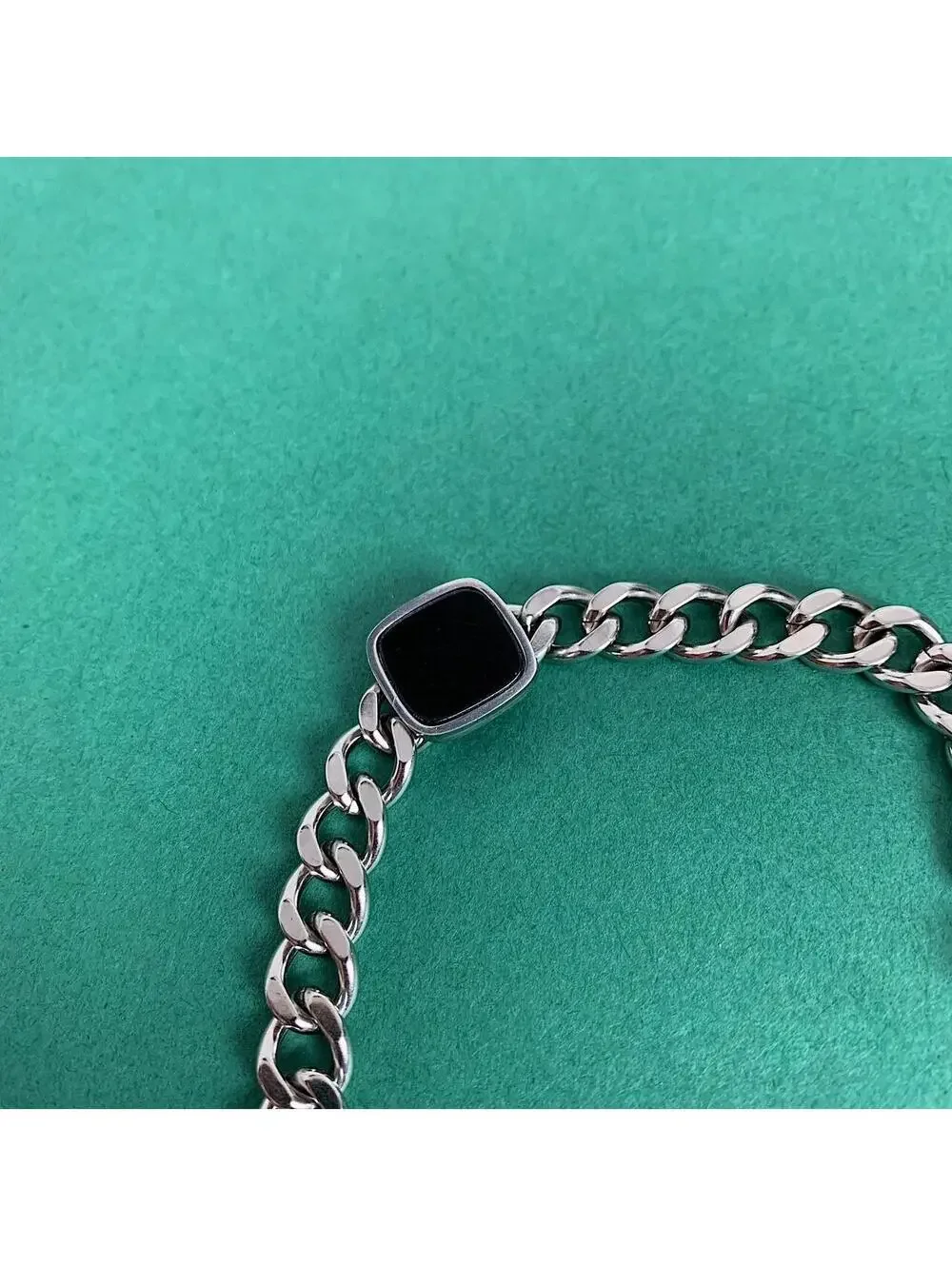 Y2k Vintage style Stainless Steel Silver Cuban Link Black Square Opal Bracelet.